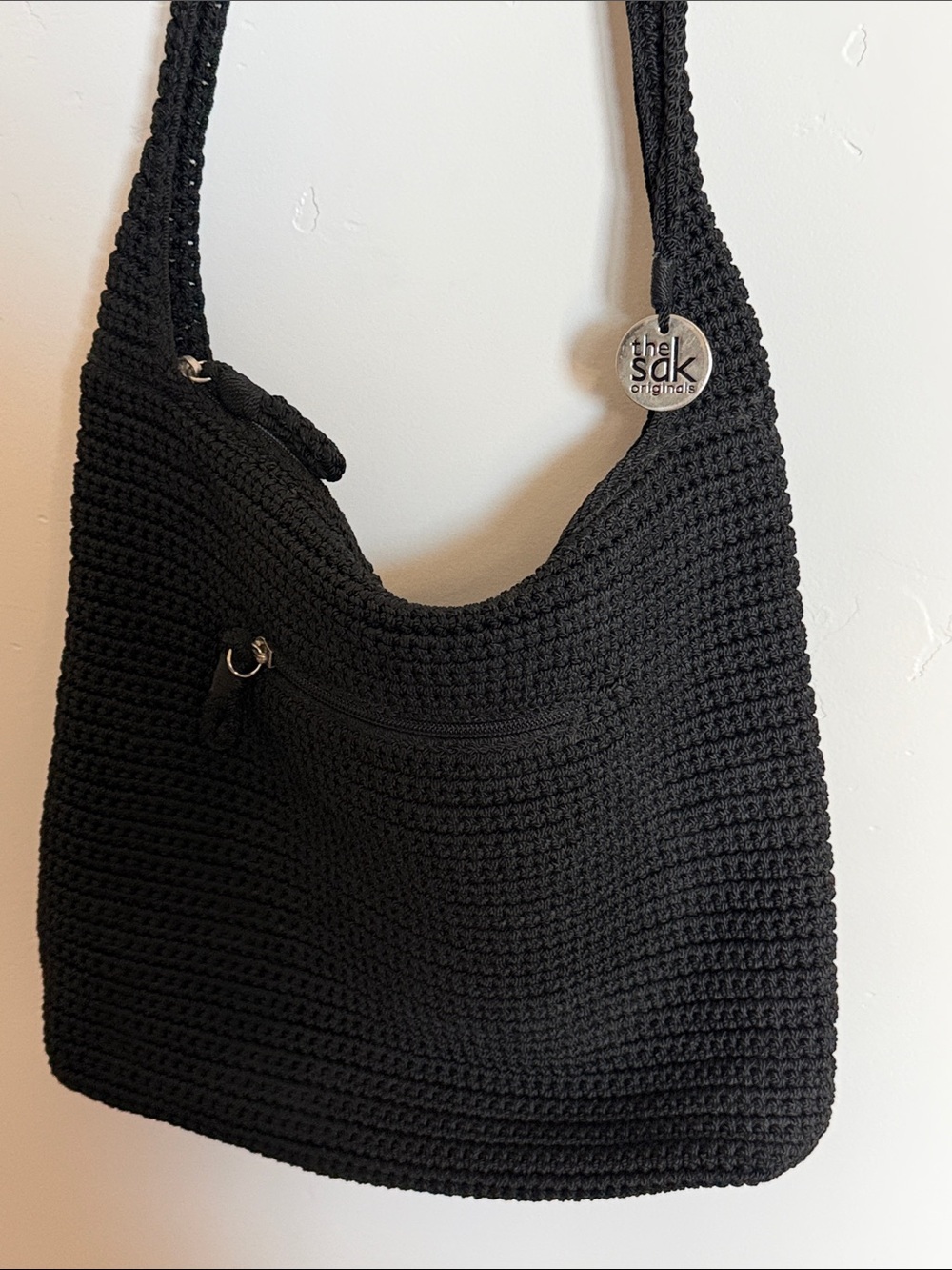 The Sak Original Black Crochet Hobo Bag Crossbody Sling Classic Travel Bag